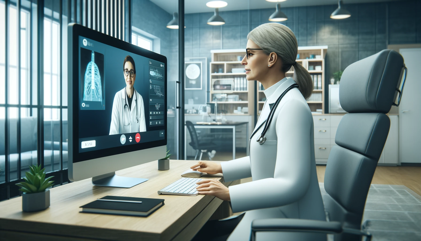 a doctor who is a middle-aged Caucasian woman, wearing a white lab coat and glasses, actively engaged in a conversation with a patient through a video call on her computer.