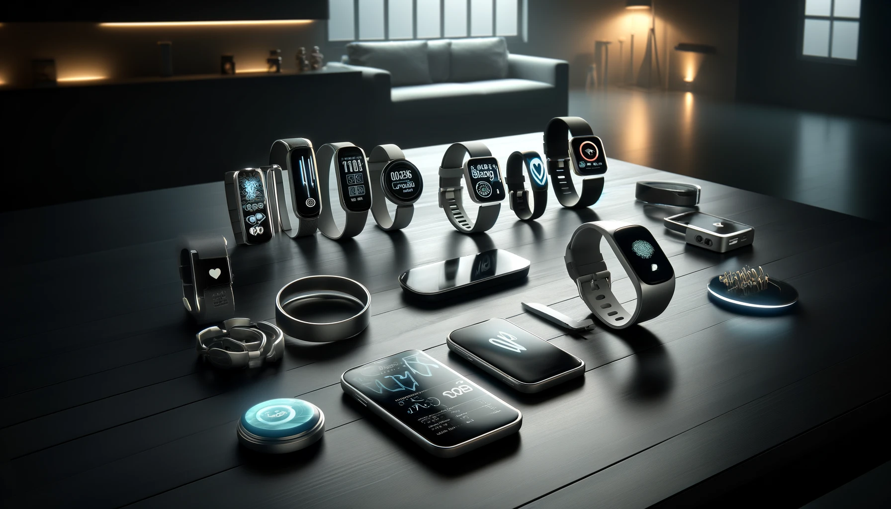 a variety of devices such as fitness trackers, smartwatches, and advanced biosensors laid out on a sleek, dark wooden table. 