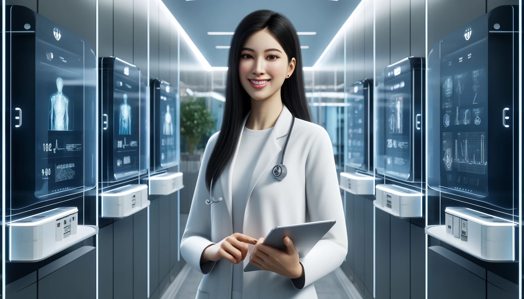 a young Asian female doctor with long black hair, wearing a white lab coat and holding a tablet, standing in a hospital ward that includes automated medication dispensers and