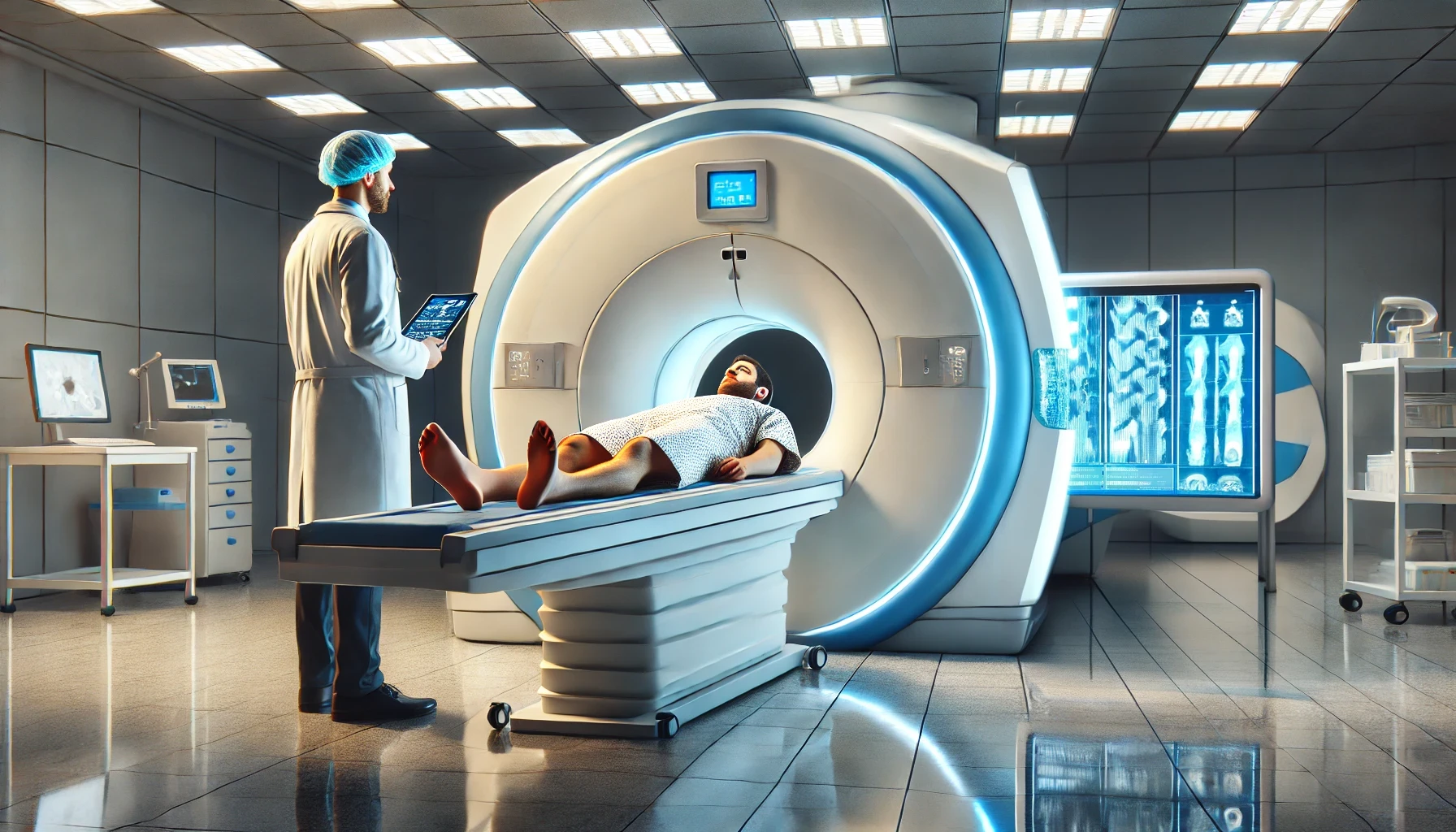 A patient is undergoing an MRI scan, lying on the sliding bed of the MRI machine. A doctor in a clean white coat stands next to the patient, observing the procedure.