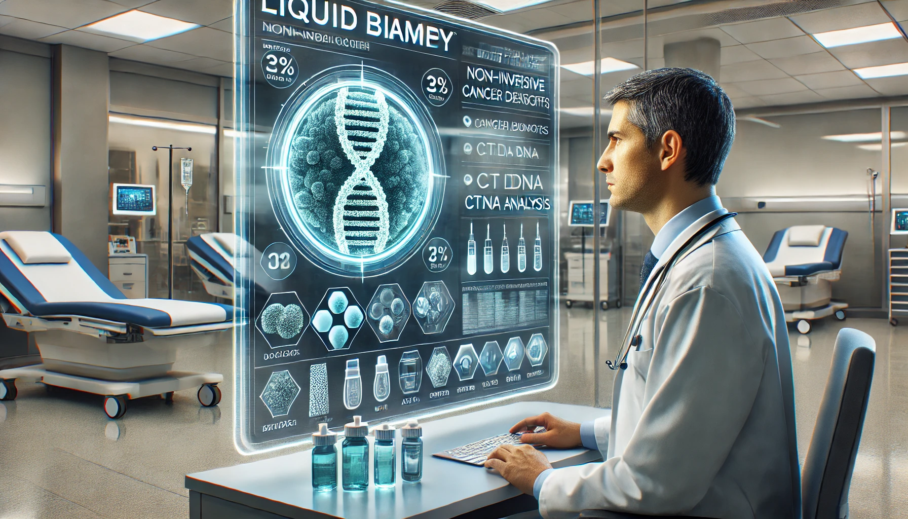a healthcare professional analyzing liquid biopsy results on a modern digital screen in a hospital setting.