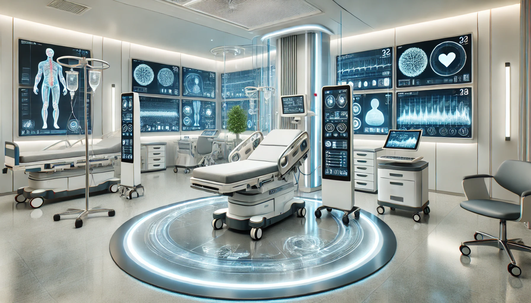 A modern hospital room equipped with advanced AI-driven diagnostic machines. The room features sleek, state-of-the-art medical equipment, large digital screens displaying real-time patient data, and a futuristic ambiance.