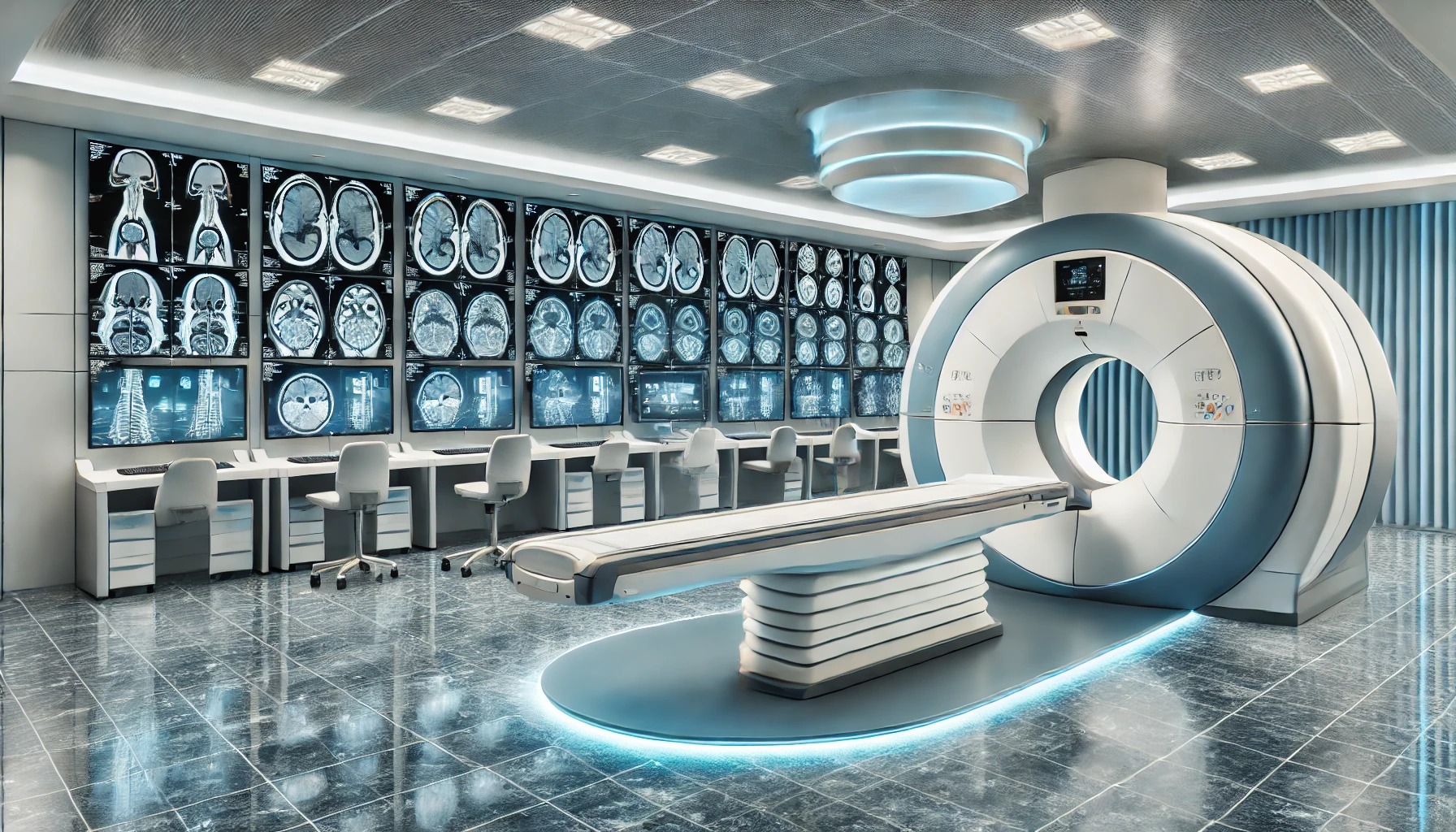 A modern medical imaging room featuring advanced technologies such as MRI and CT scanners.