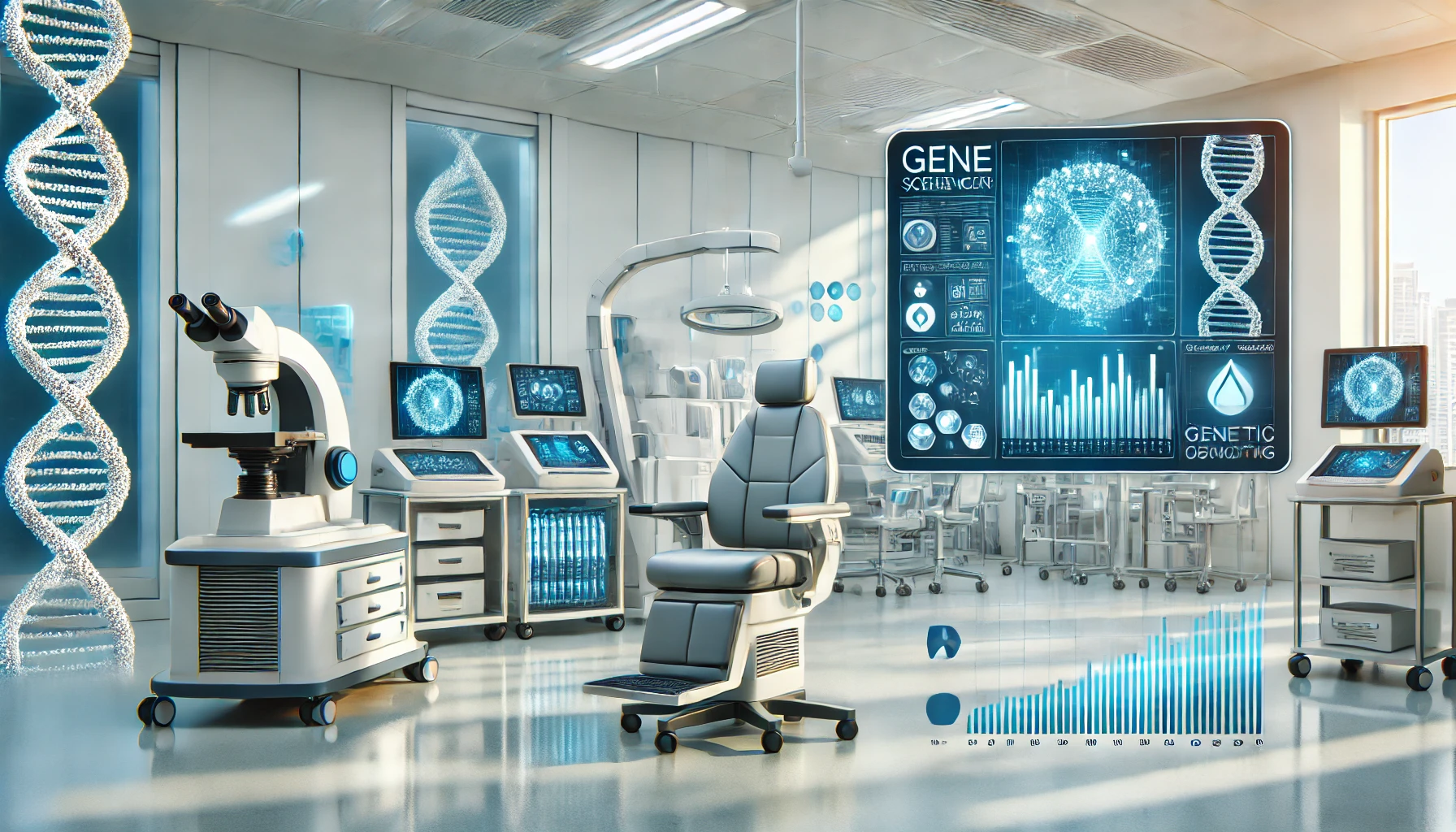 A hospital room featuring advanced genetic screening technologies. The room includes state-of-the-art equipment like gene sequencers and computer screens displaying genetic data.