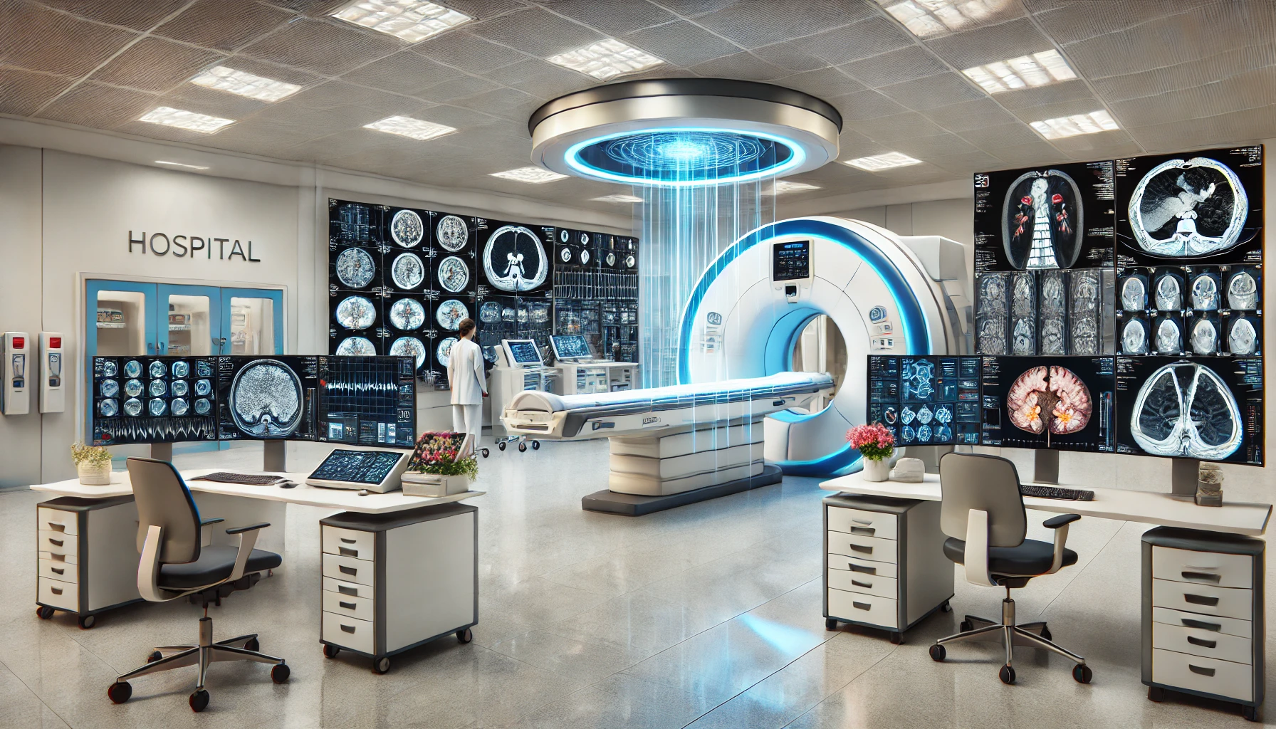 A modern hospital room equipped with advanced medical imaging technologies, showcasing the revolutionary capabilities of AI and machine learning in medical diagnostics.