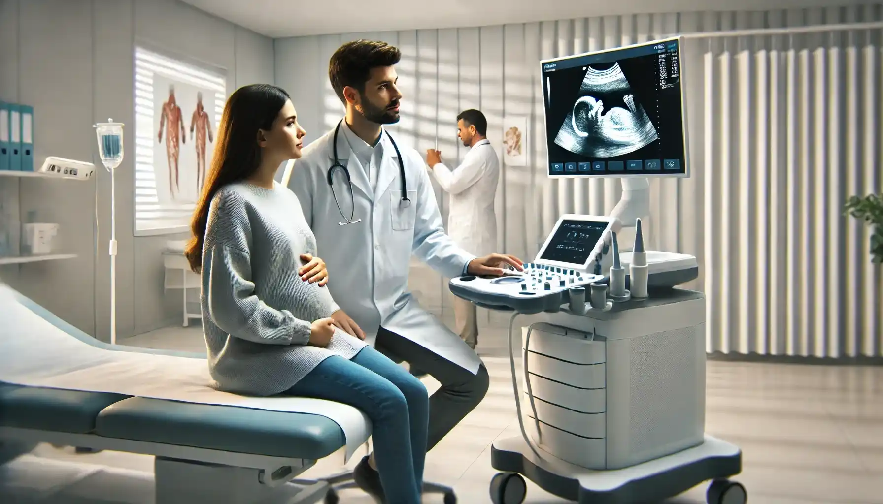 A medical professional is performing an ultrasound on a pregnant woman in a modern clinic.