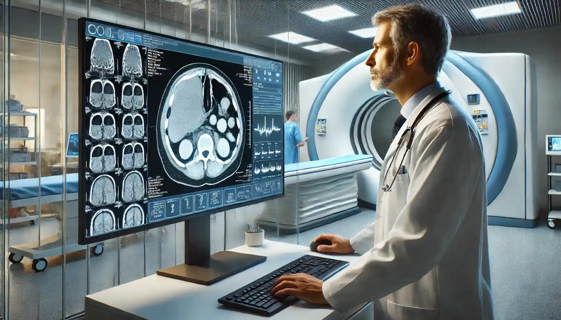 A radiologist is reviewing a CT scan on a large medical monitor in a high-tech diagnostic center.
