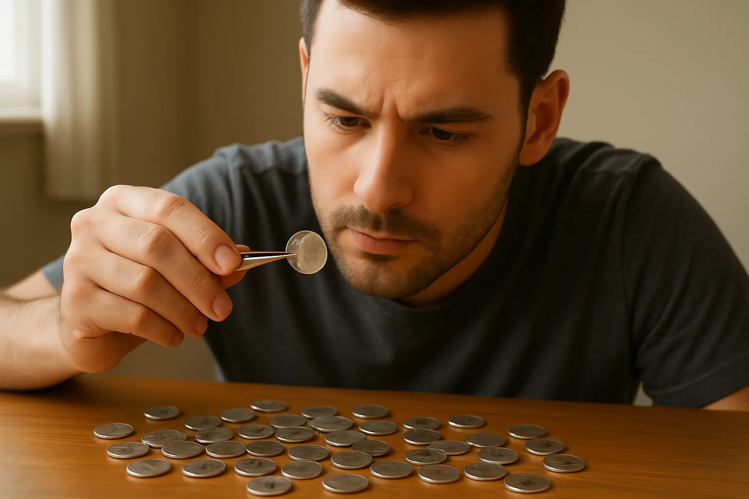 A collector reviews dozens of quarters spread across the table, inspecting each closely to find if the one can be valuable.