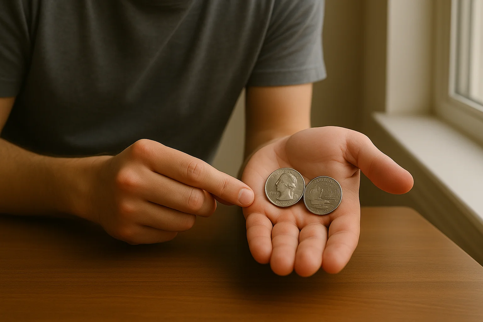  A person tilts two quarters in the soft window light, examining the difference in luster and preservation.