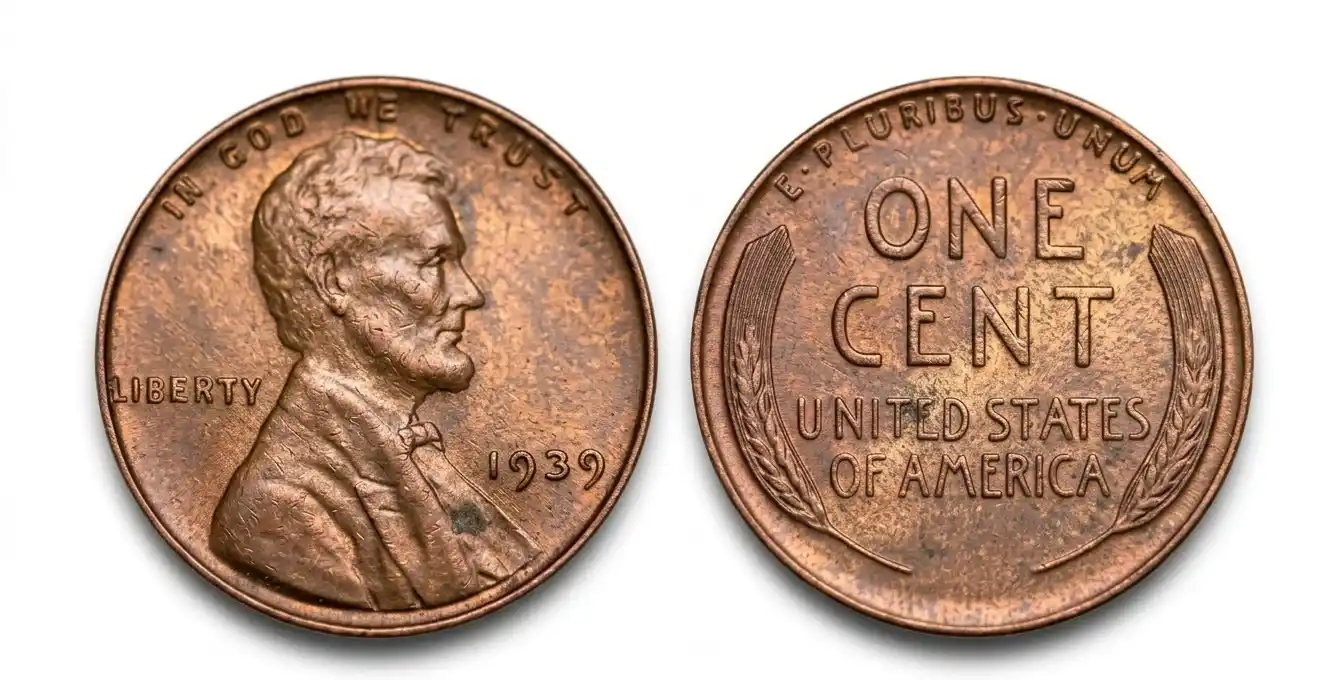 Close-up of an authentic 1939 Lincoln wheat penny