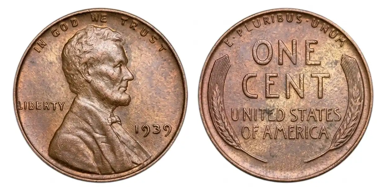 Extreme macro shot of a 1939 wheat penny with crisp focus on Lincoln portrait